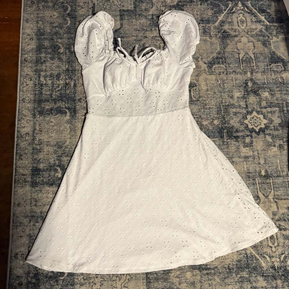 Just Polly White Eyelet Puff Sleeve Mini Dress